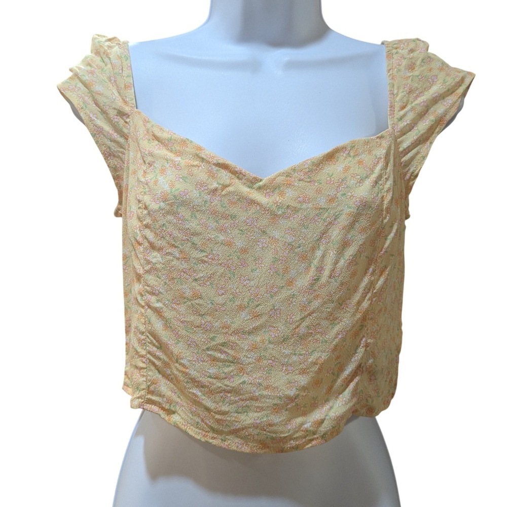 Elodie Yellow Floral Smocked Back‎ Ruffle Sleeve Crop Top Sweetheart Neck Medium